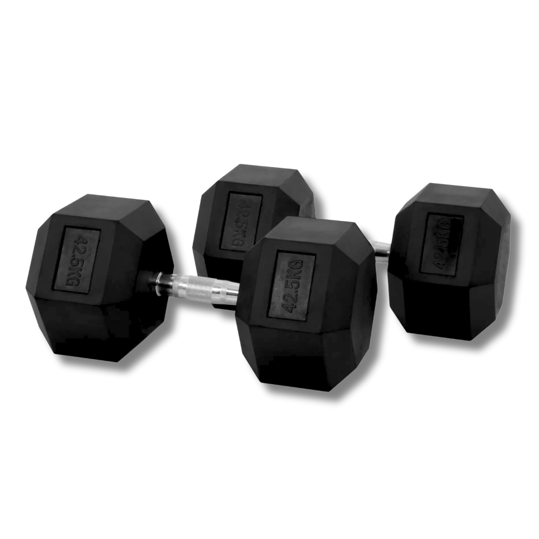 "Hexagonal 42.5kg dumbbells with anti-roll feature"