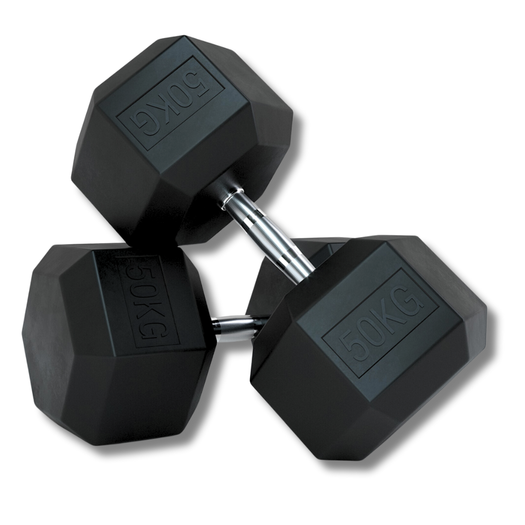 "Hex 50 kg dumbbells with stable, anti-roll design"