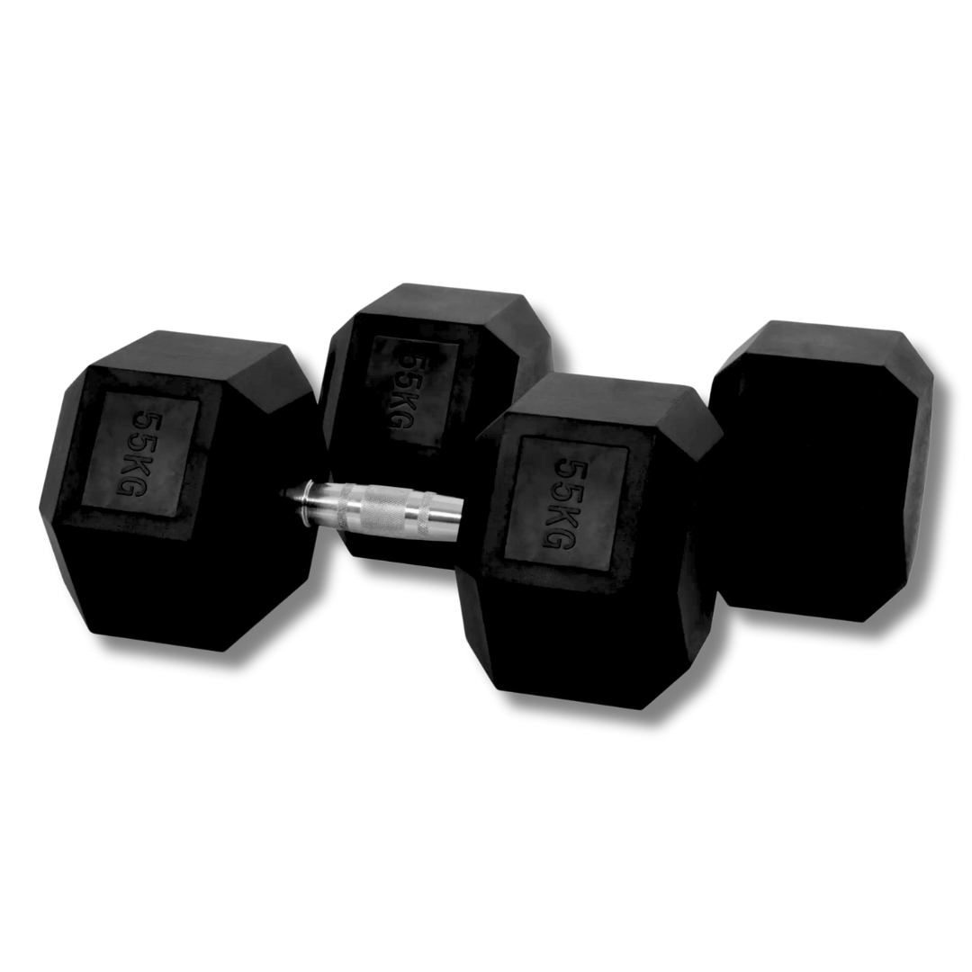 "Hexagonal 55 kg dumbbells set for weight training"