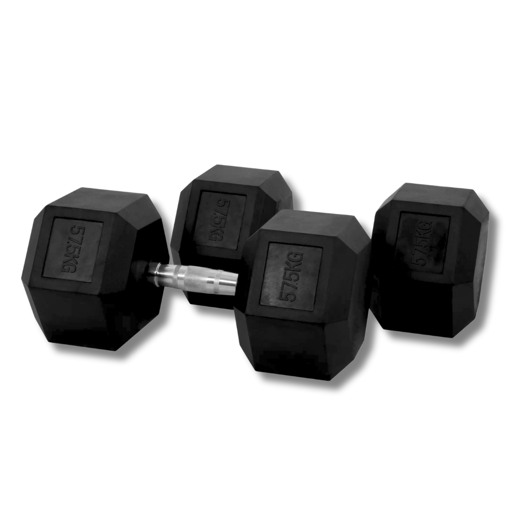 "Hex 57.5 kg dumbbells for versatile weight training"