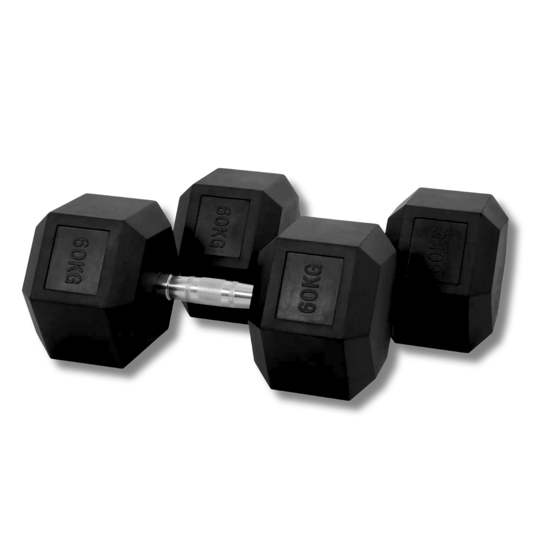 "Hex 60 kg dumbbells for versatile weight training"
