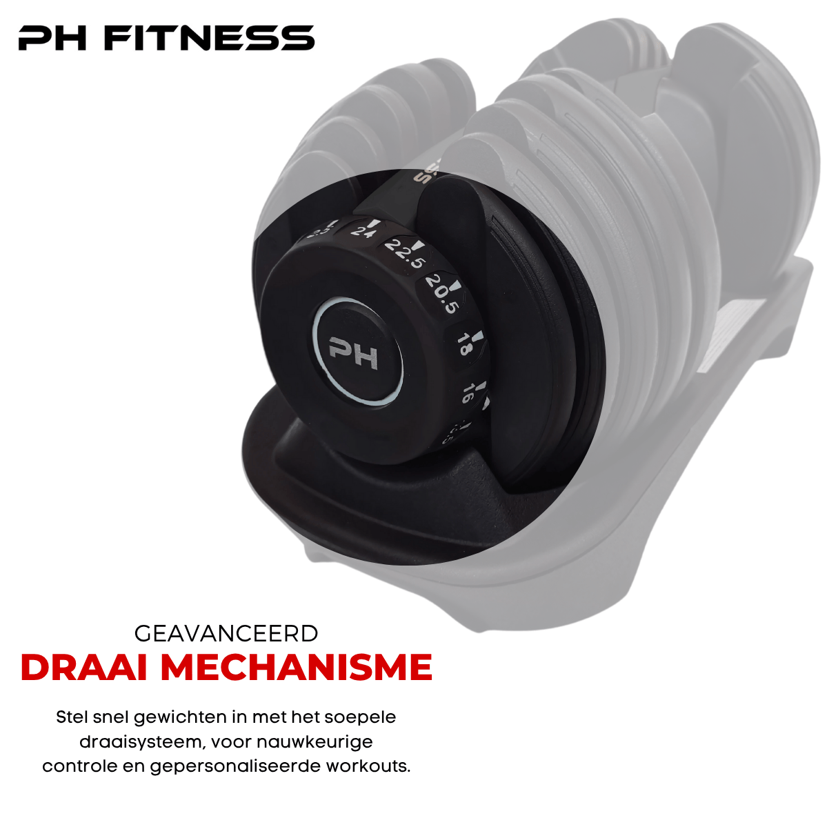 Innovative rotating dial system on black PH Fitness adjustable dumbbell for fast and precise weight changes.