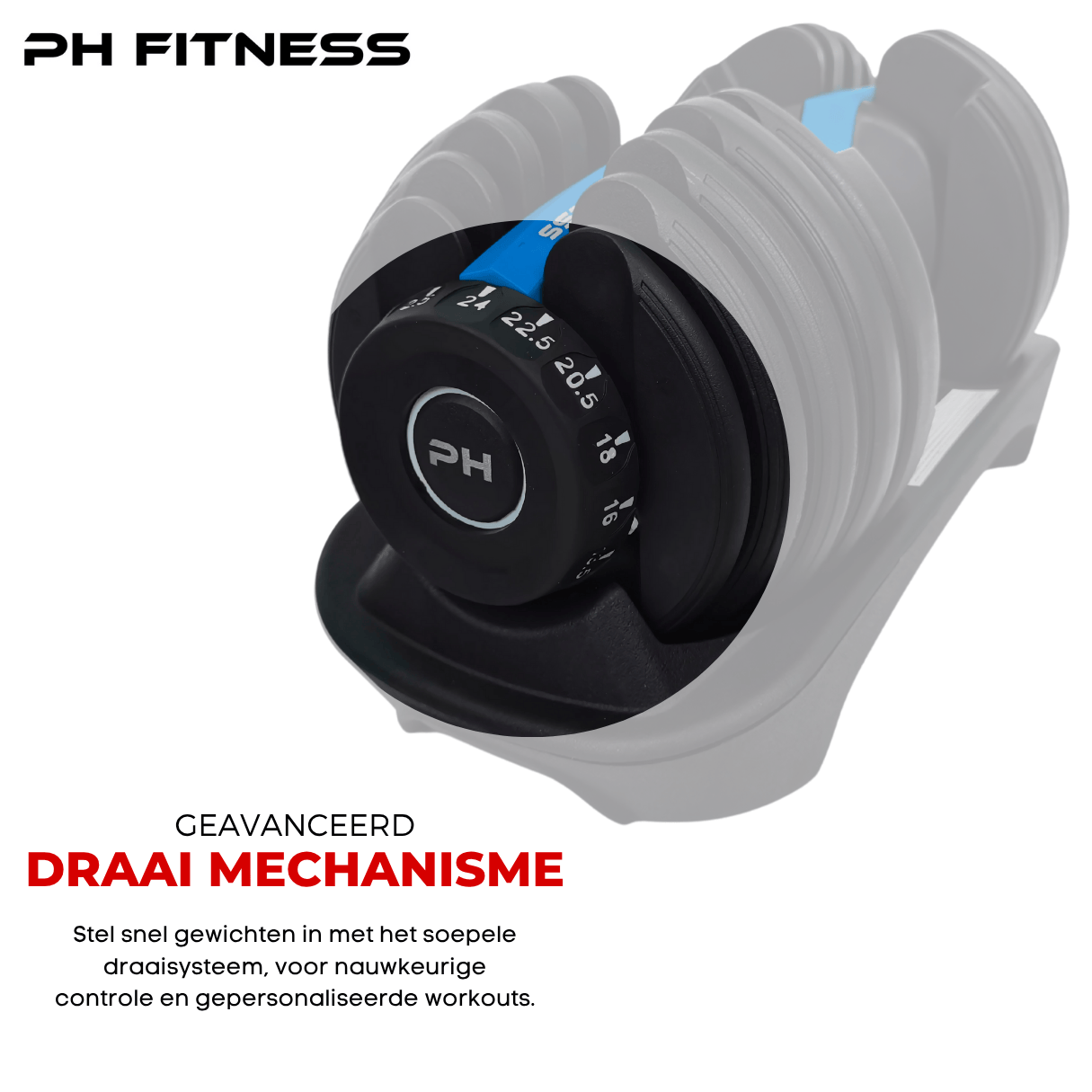 Innovative rotating dial system on green PH Fitness adjustable dumbbell for fast and precise weight changes.