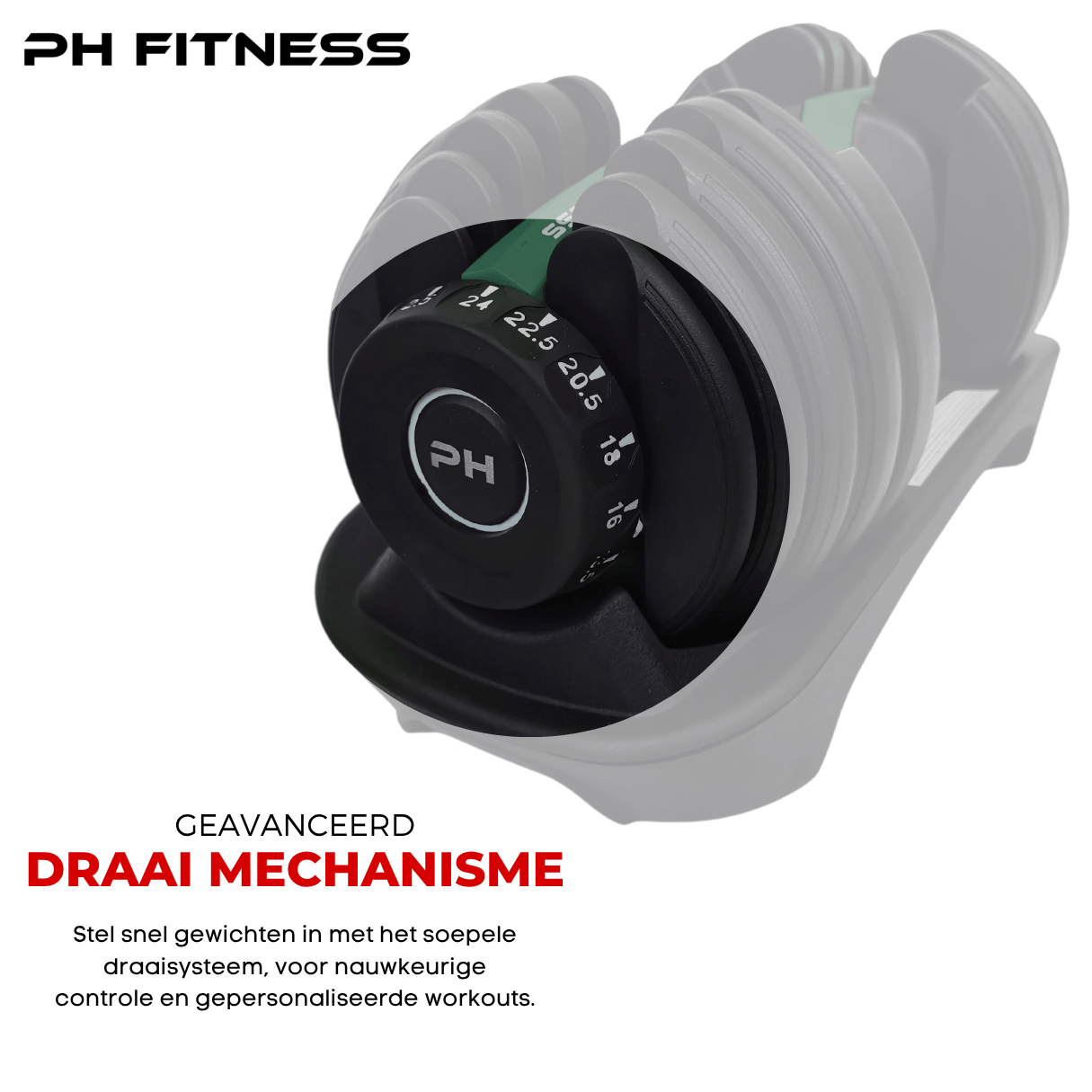 Innovative rotating dial system on green PH Fitness adjustable dumbbell for fast and precise weight changes.
