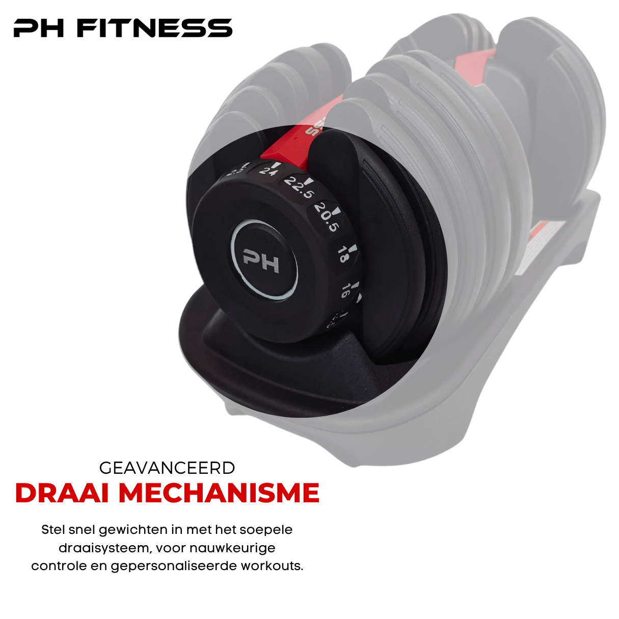 Innovative rotating dial system on red PH Fitness adjustable dumbbell for fast and precise weight changes.