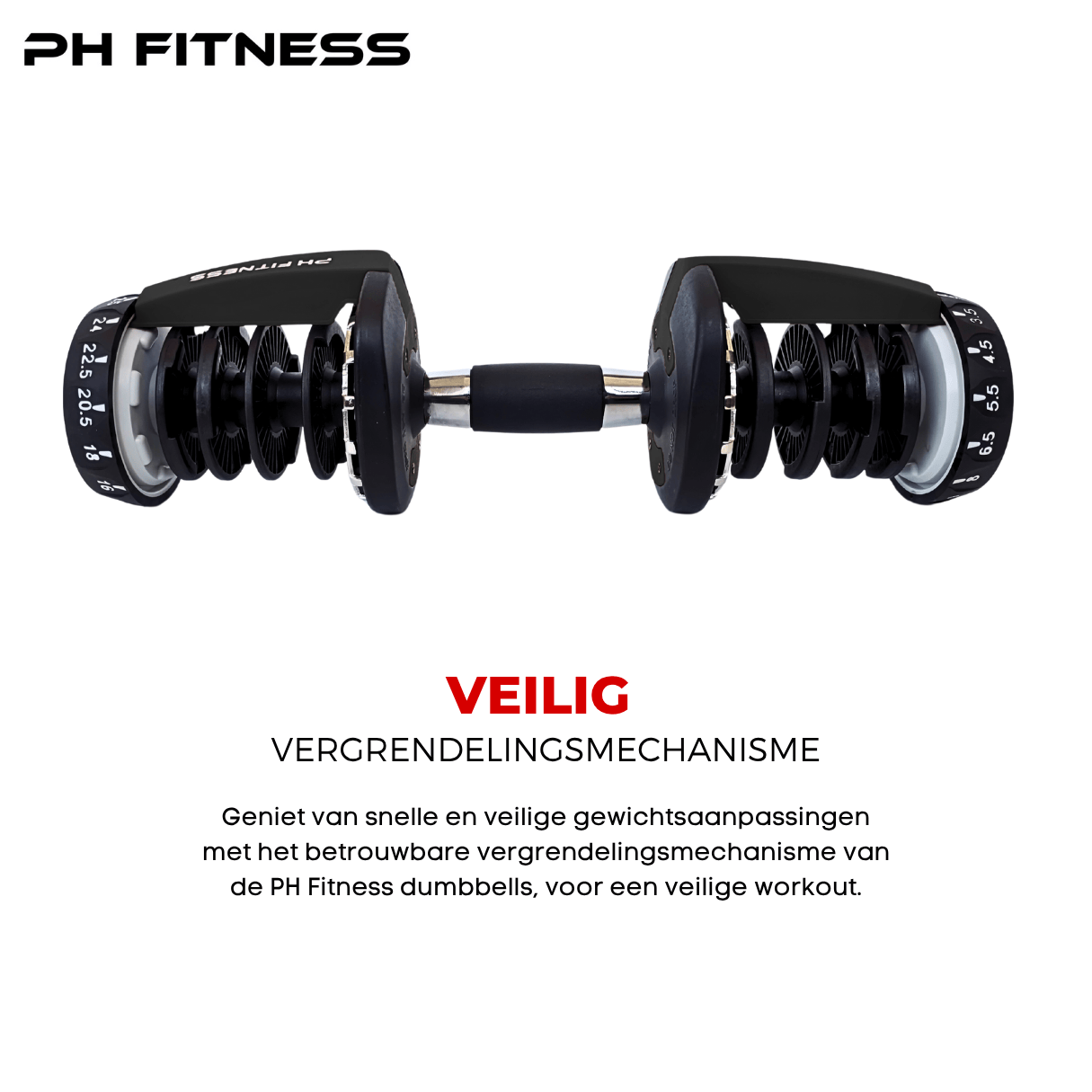 Secure locking mechanism on black PH Fitness adjustable dumbbell for safe and stable weight training.