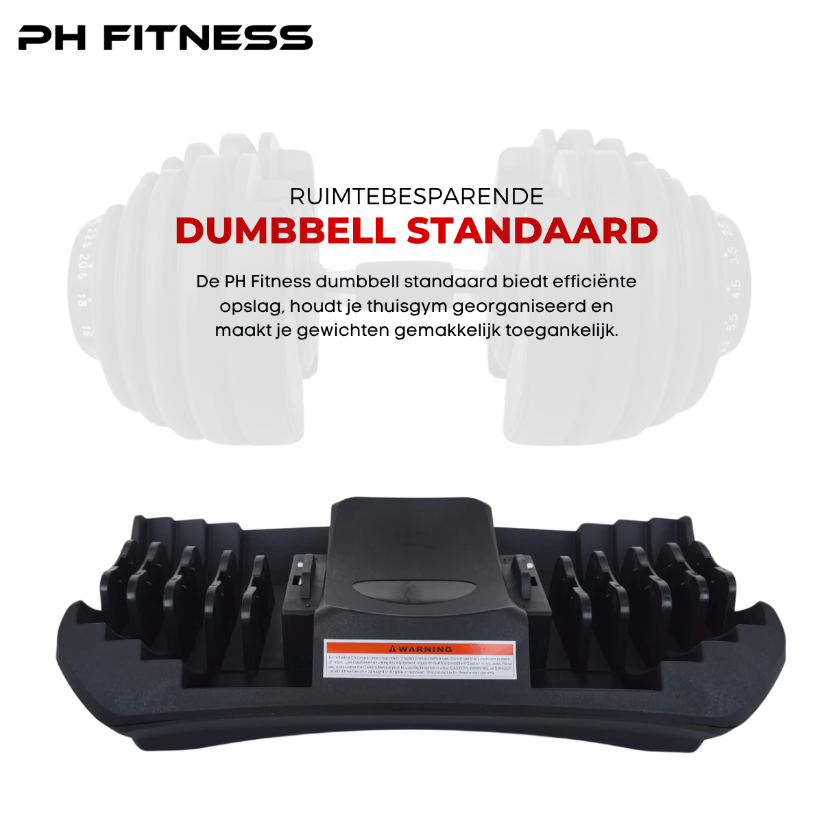 Space-saving stand for black PH Fitness adjustable dumbbell, ideal for compact and tidy home gym setups