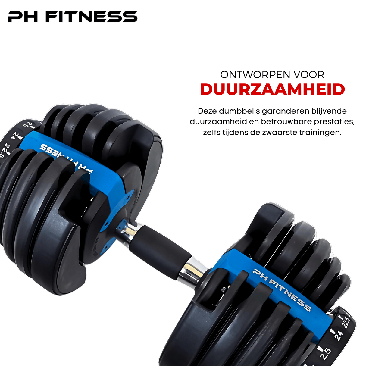 Durable and premium build quality of the blue PH Fitness adjustable dumbbell for heavy-duty workouts.