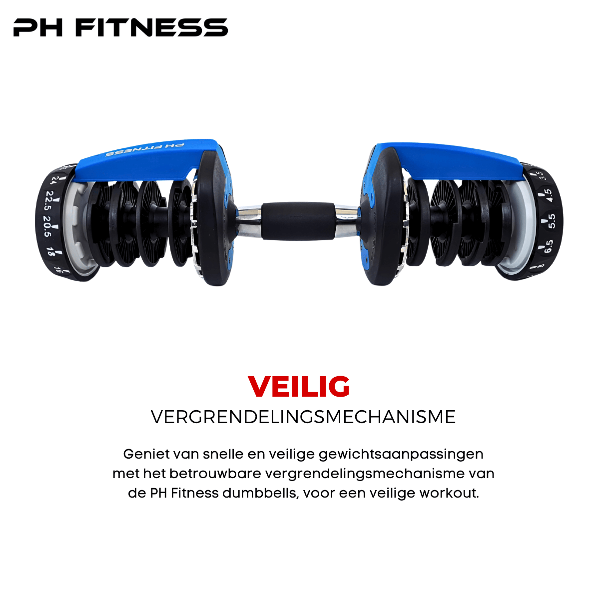 Secure locking mechanism on blue PH Fitness adjustable dumbbell for safe and stable weight training.