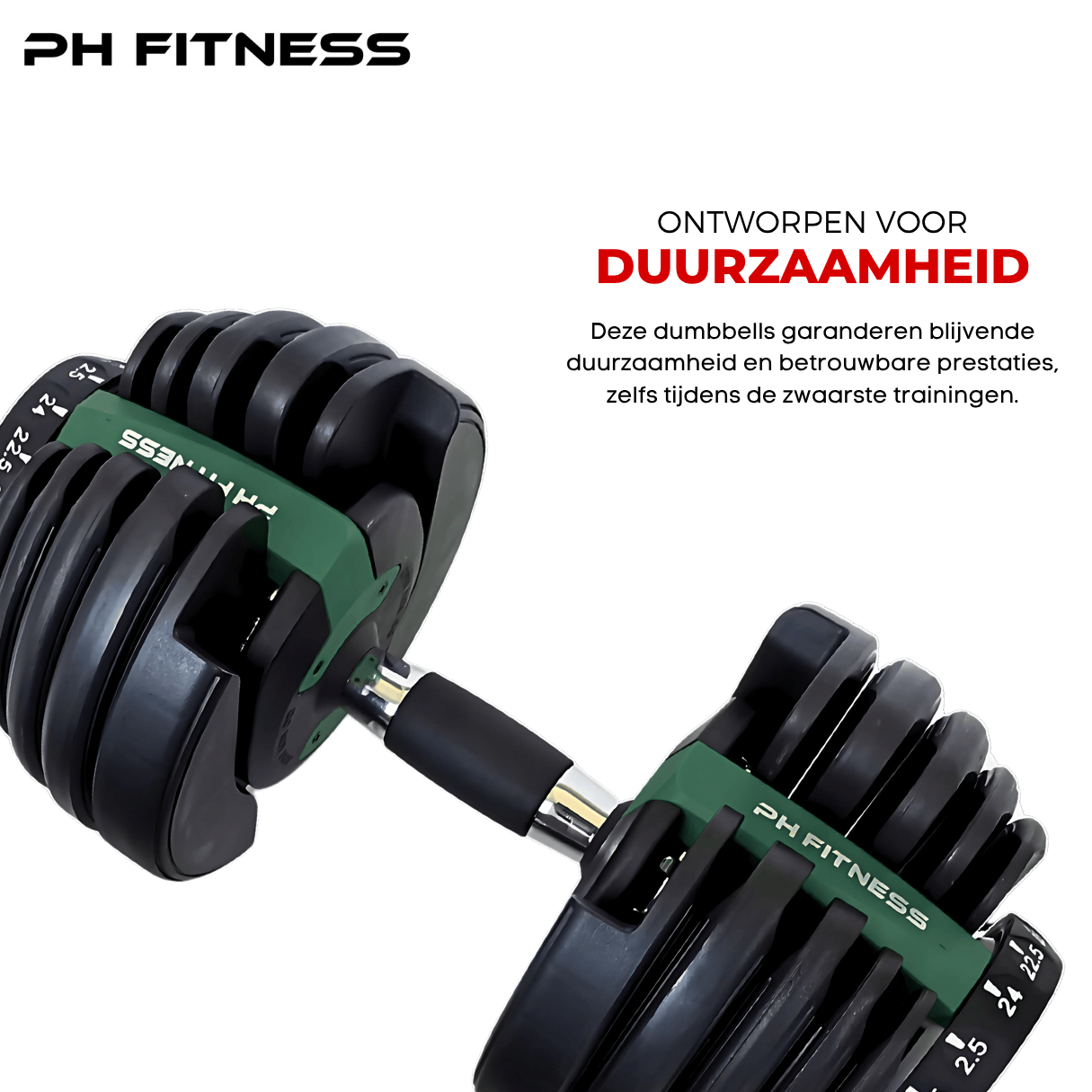 Durable and premium build quality of the green PH Fitness adjustable dumbbell for heavy-duty workouts.