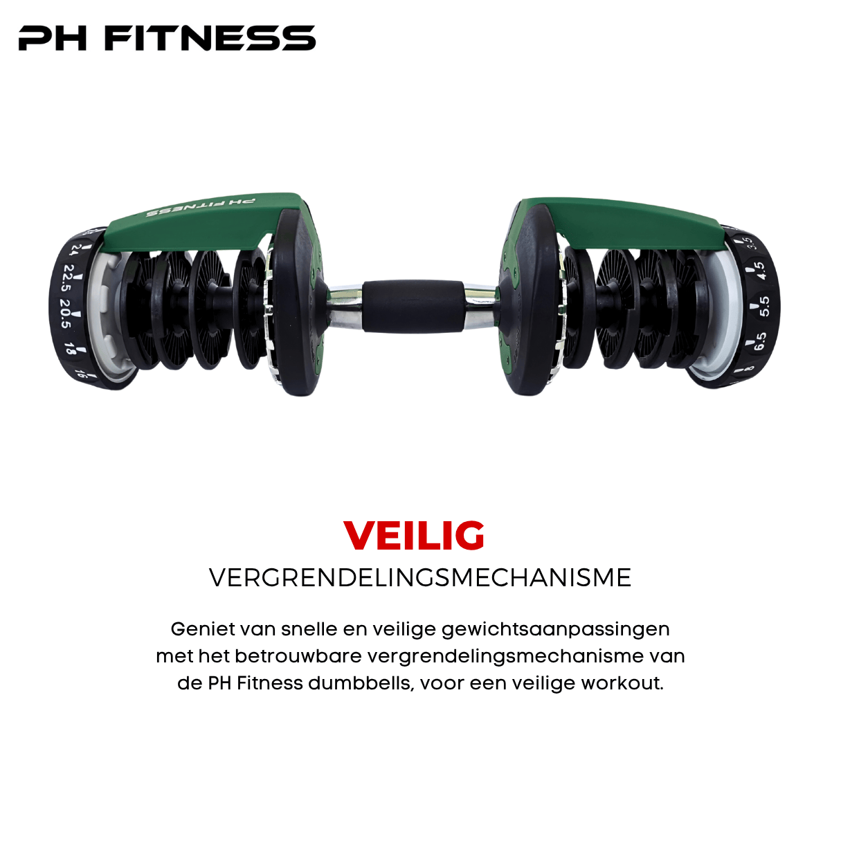 Secure locking mechanism on green PH Fitness adjustable dumbbell for safe and stable weight training.
