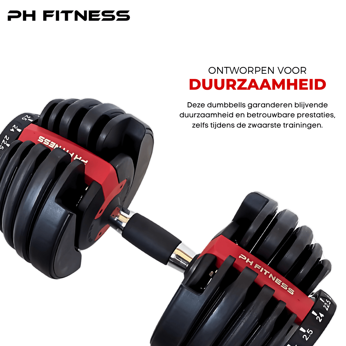 Durable and premium build quality of the red PH Fitness adjustable dumbbell for heavy-duty workouts.