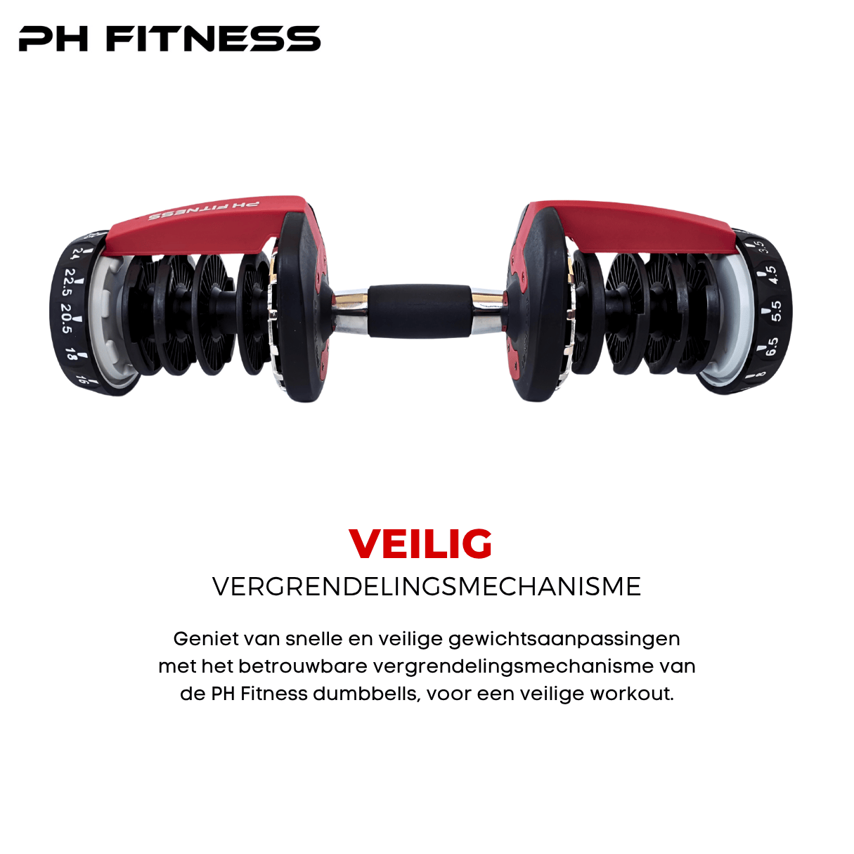 Secure locking mechanism on red PH Fitness adjustable dumbbell for safe and stable weight training.
