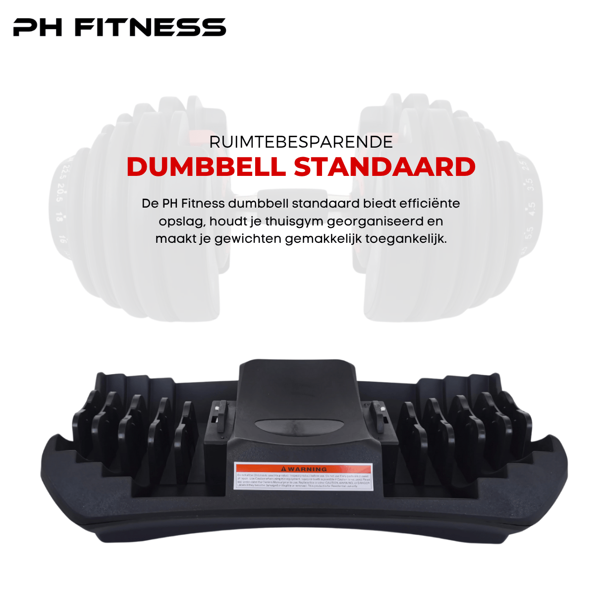 Space-saving stand for red PH Fitness adjustable dumbbell, ideal for compact and tidy home gym setups