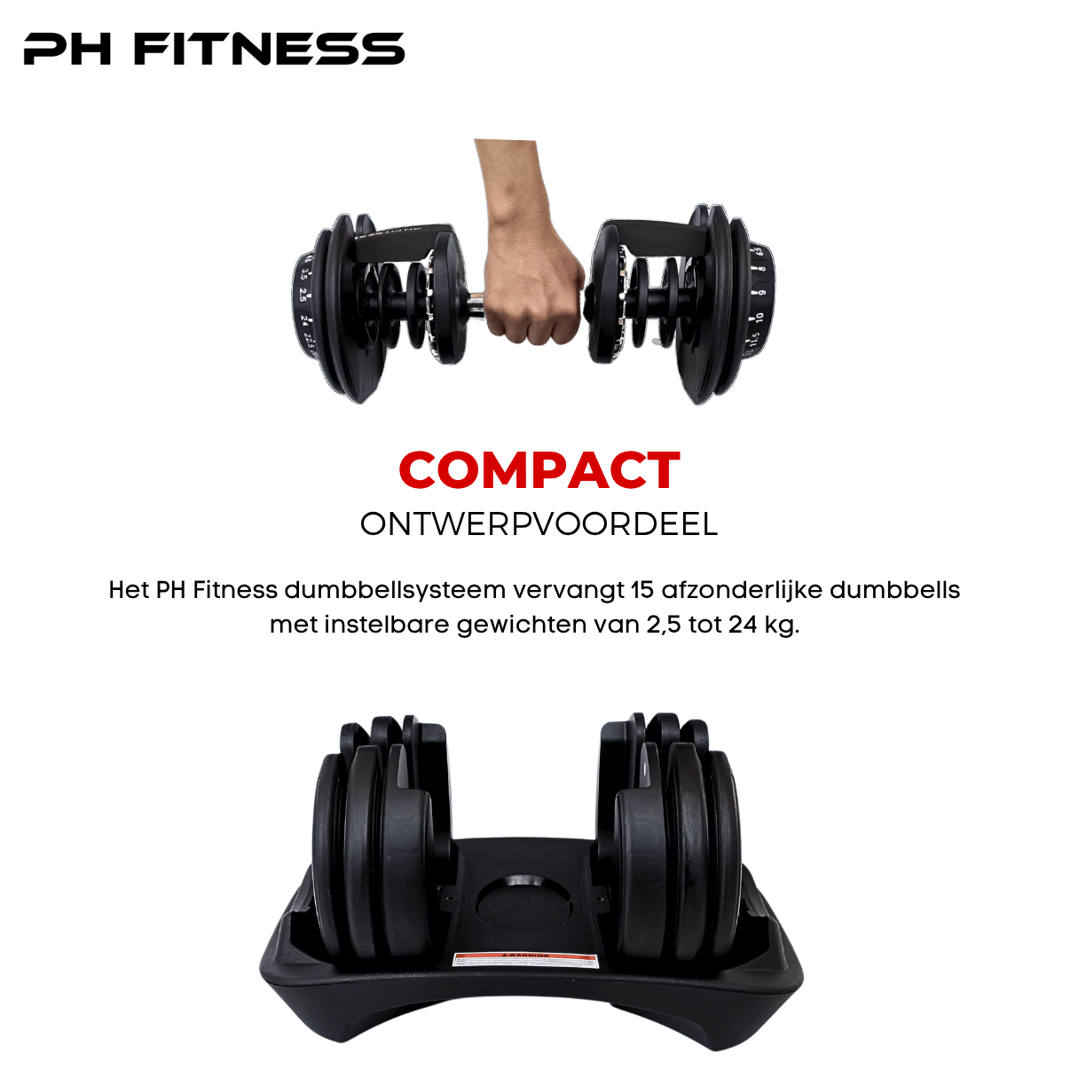 PH Fitness adjustable dumbbells with 15-in-1 design, compact and space-saving, offering weight range from 2.5 kg to 24 kg for full-body home workouts.