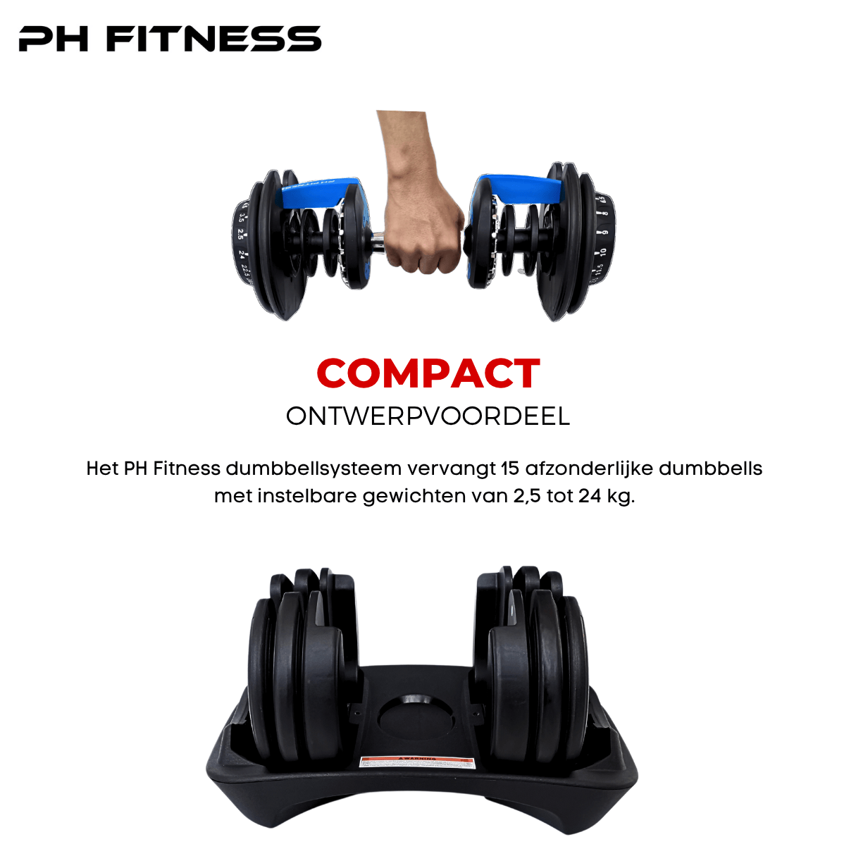 PH Fitness adjustable dumbbells with 15-in-1 design, compact and space-saving, offering weight range from 2.5 kg to 24 kg for full-body home workouts.