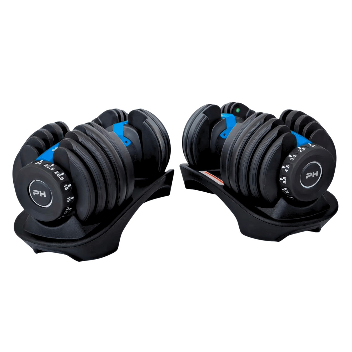 Front view of pair of blue PH Fitness adjustable dumbbells, 24kg 15-in-1 system, compact pair design for home strength training.