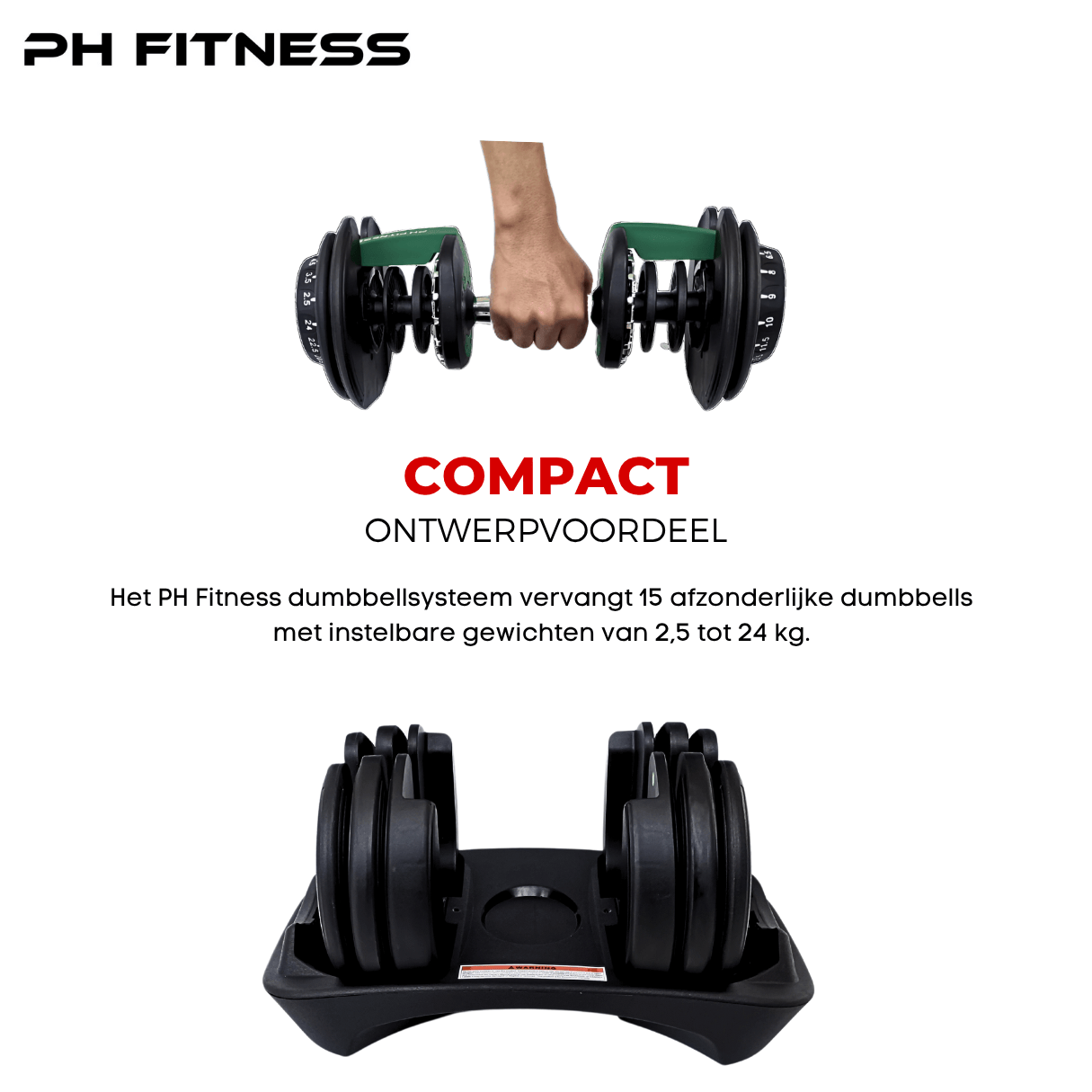 PH Fitness adjustable dumbbells with 15-in-1 design, compact and space-saving, offering weight range from 2.5 kg to 24 kg for full-body home workouts.