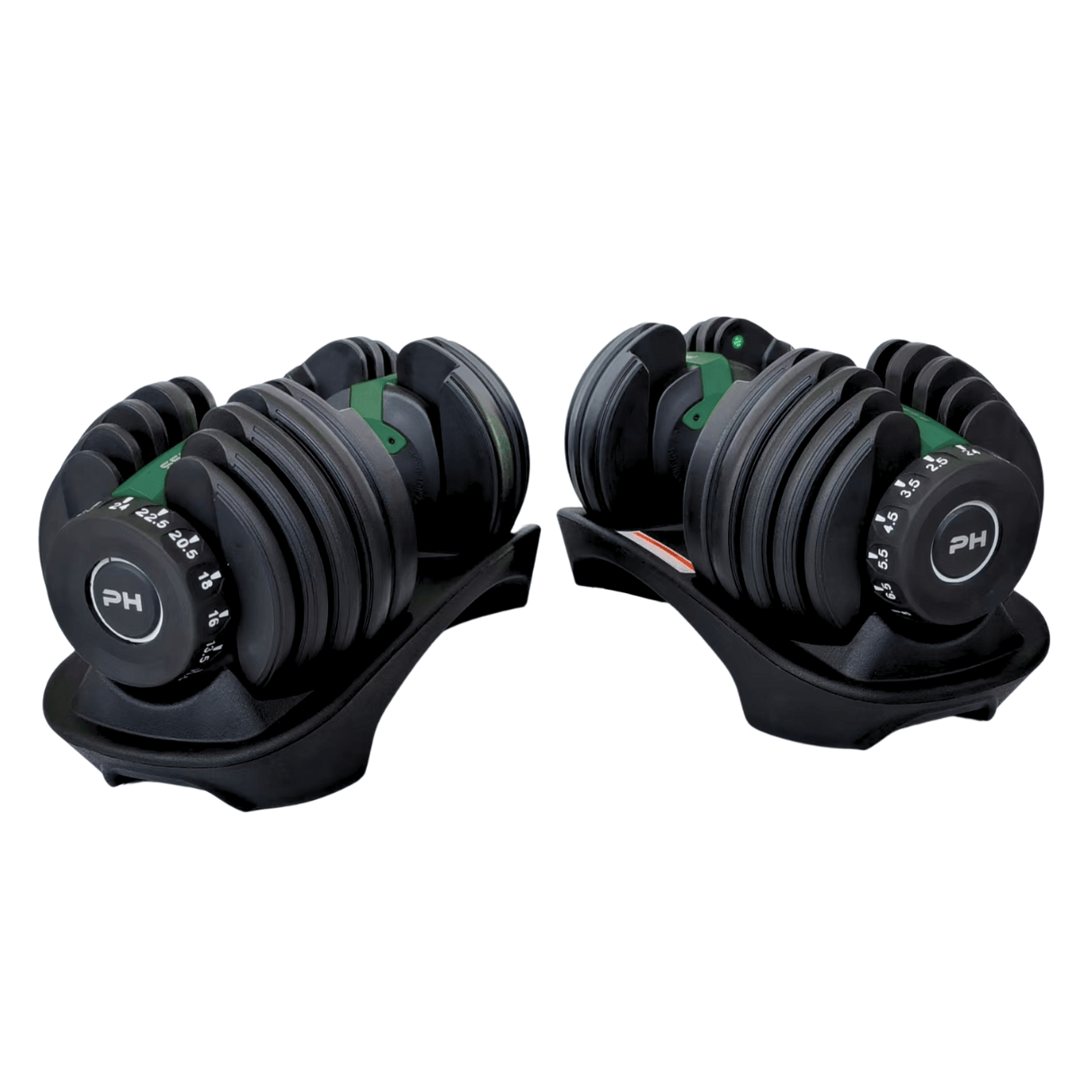 Front view of pair of green PH Fitness adjustable dumbbells, 24kg 15-in-1 system, compact pair design for home strength training.
