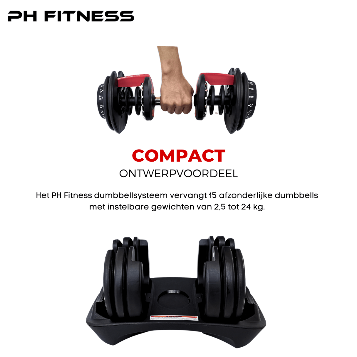 PH Fitness adjustable dumbbells with 15-in-1 design, compact and space-saving, offering weight range from 2.5 kg to 24 kg for full-body home workouts.