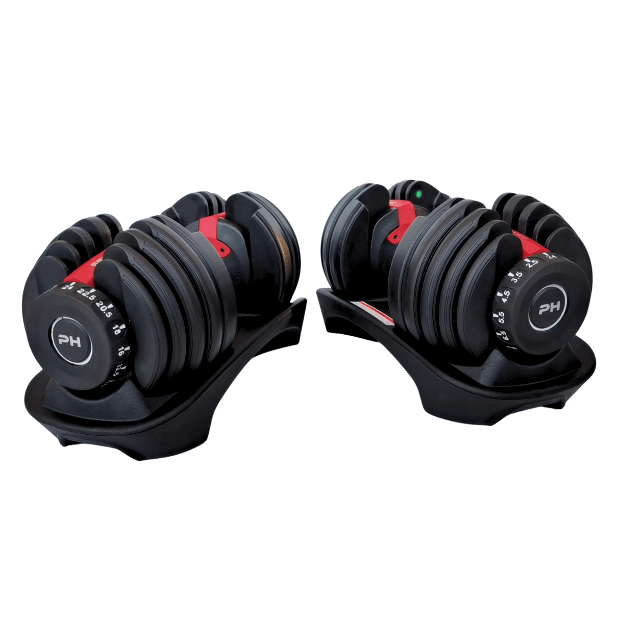 Front view of pair of red PH Fitness adjustable dumbbells, 24kg 15-in-1 system, compact pair design for home strength training.