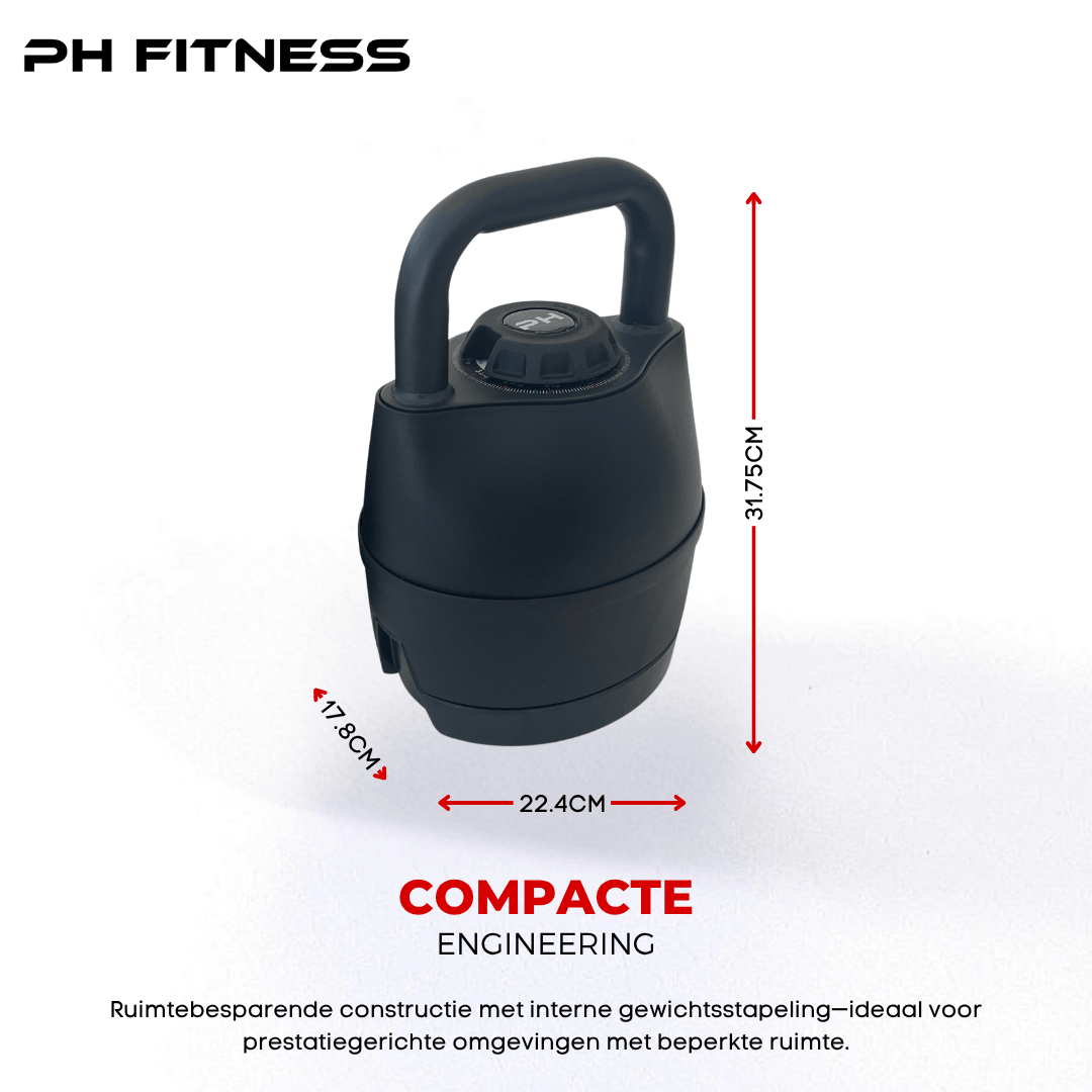 Dimensions of PH Fitness adjustable kettlebell – compact 31.75 cm height and 22.4 cm width