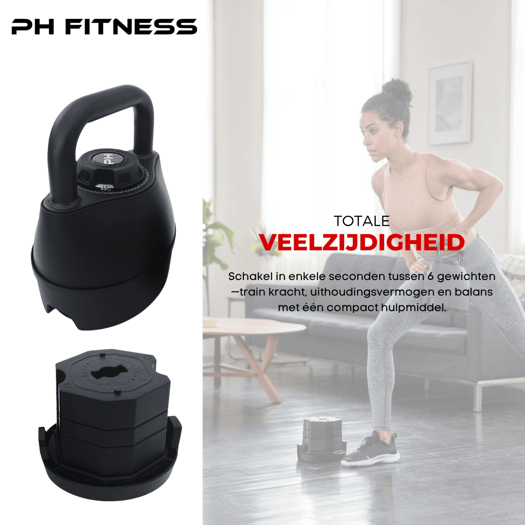 PH Fitness adjustable kettlebell with removable weight stack and user training at home