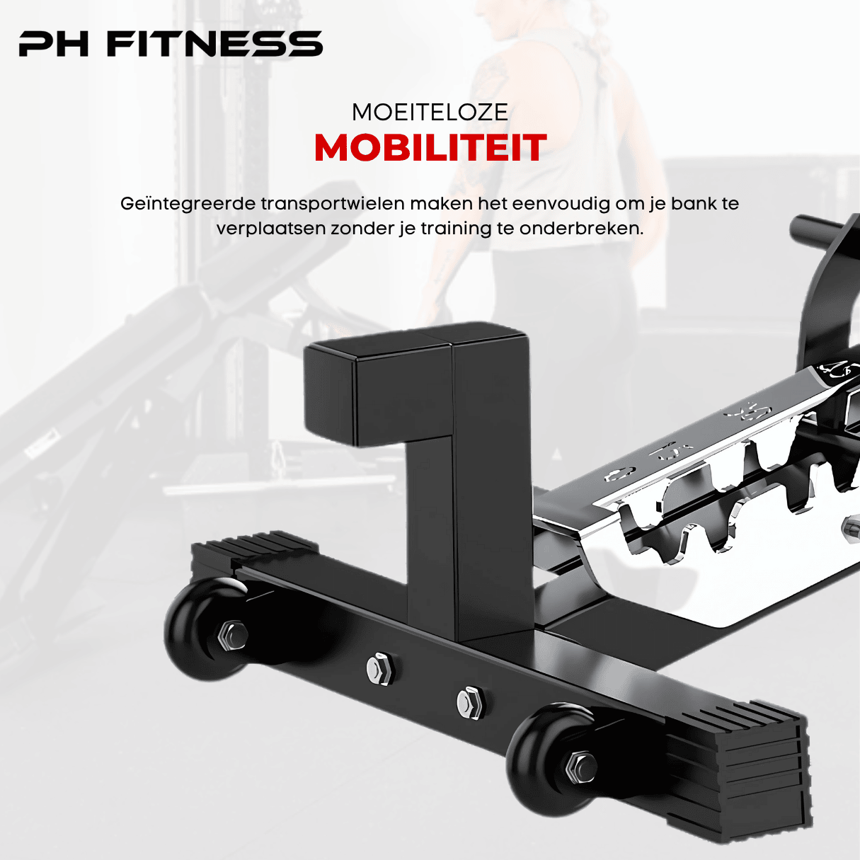 PH Fitness adjustable gym bench with built-in transport wheels and front handle for effortless movement and space-saving storage in home gym setups.