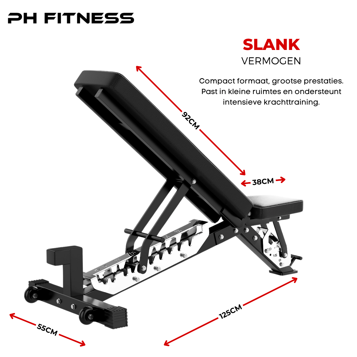 Compact PH Fitness adjustable incline bench measuring 125 cm length, 92 cm height, and 55 cm width, designed for small home gyms without sacrificing stability or performance.