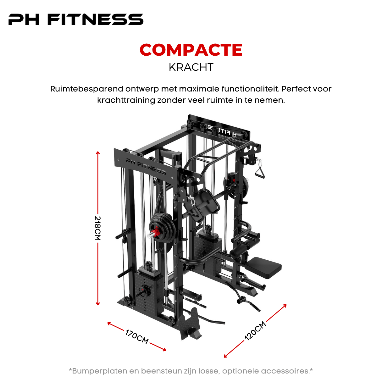 Compact multi-station home gym by PH Fitness with integrated storage, space-saving frame, and complete workout stations.