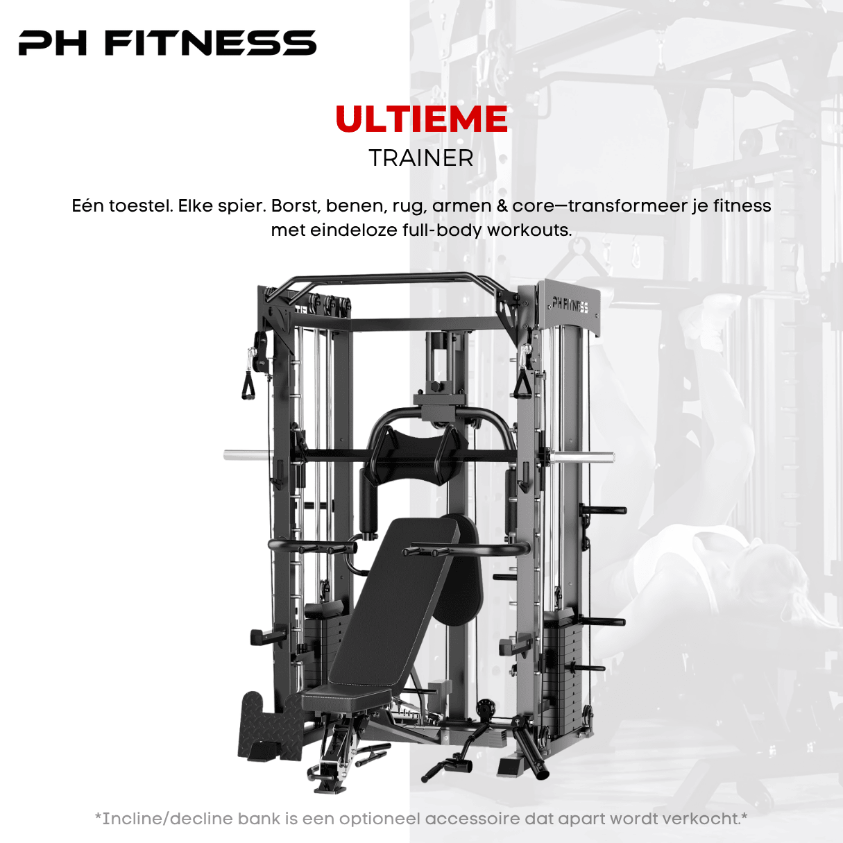 PH Fitness strength training station for full-body workouts with bench, leg curl, pull-up bar, and shoulder press station.