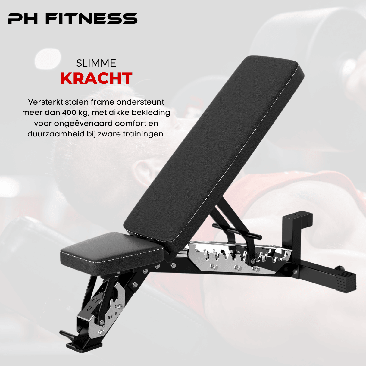 PH Fitness heavy-duty adjustable bench with reinforced steel frame, high-density padding, and 400 kg load capacity for safe, stable strength training.