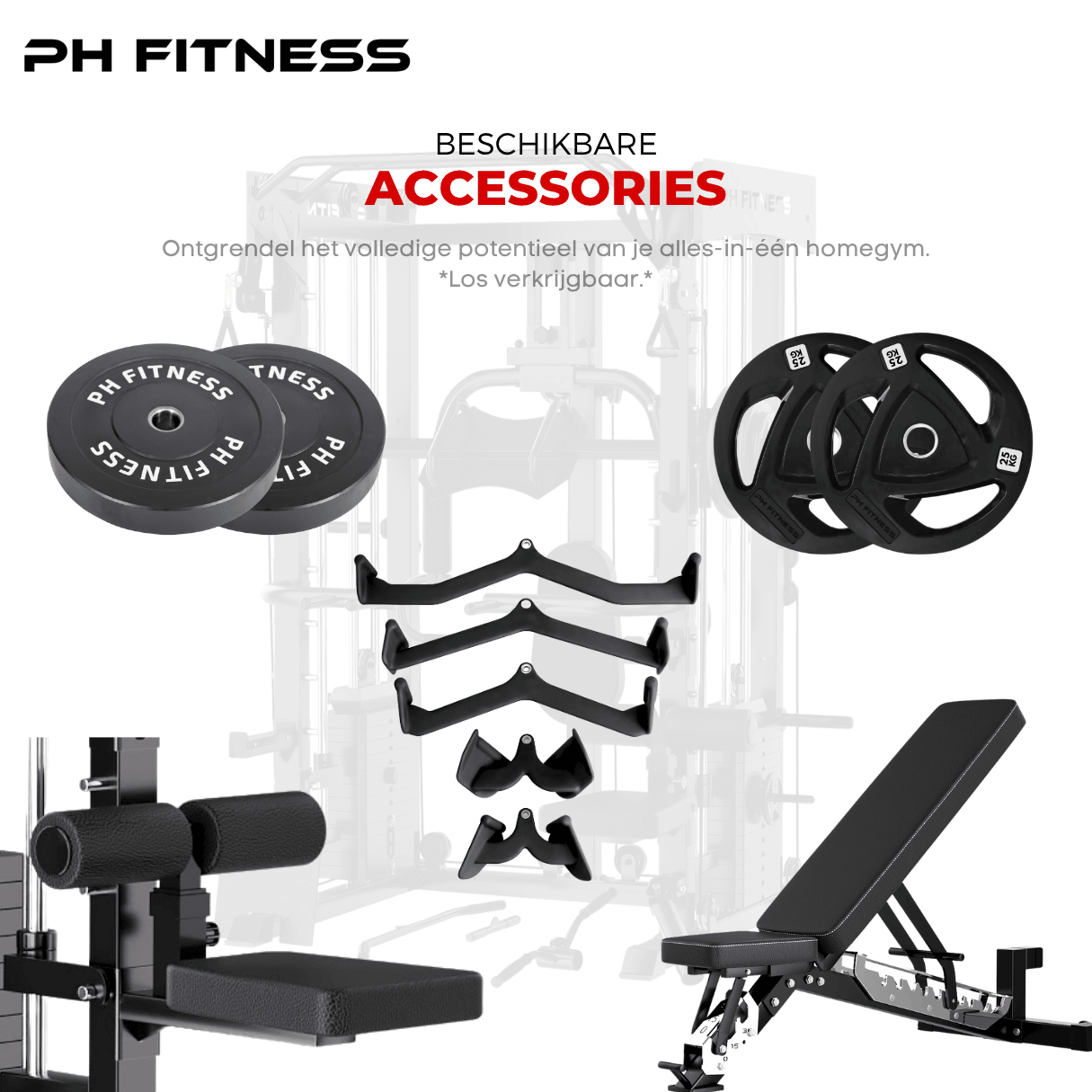Organized accessories and attachments for PH Fitness home gym, including bars, handles, bench, and Olympic plate holders.