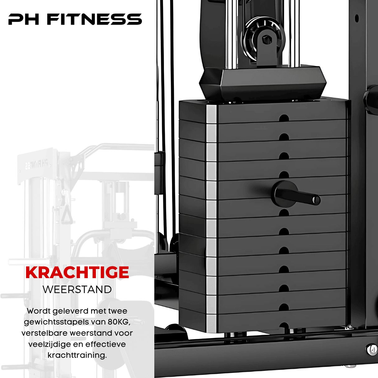 PH Fitness home gym with dual 80kg weight stacks providing adjustable resistance for strength and functional training.
