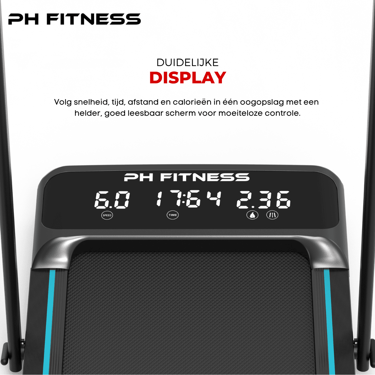 PH Fitness LB-600 treadmill with a clear display monitoring speed, time, and calories, providing effortless control for home workouts.