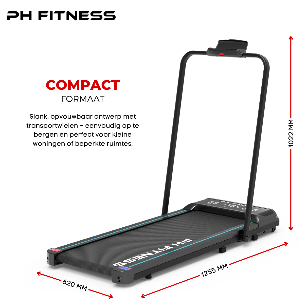 Full view of the PH Fitness LB-600 treadmill with compact design, showing dimensions (1255 x 620 mm when folded, 1022 mm height), perfect for small home spaces.
