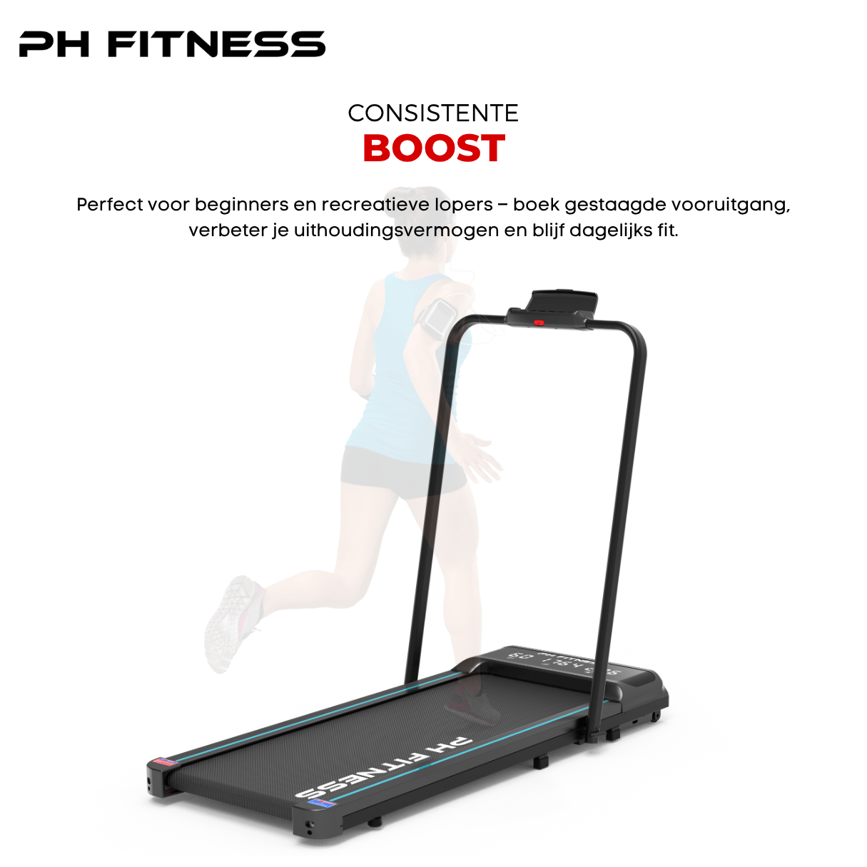 PH Fitness LB-600 treadmill in action with a person running, showcasing consistent boost for beginners and recreational runners, perfect for daily cardio at home.