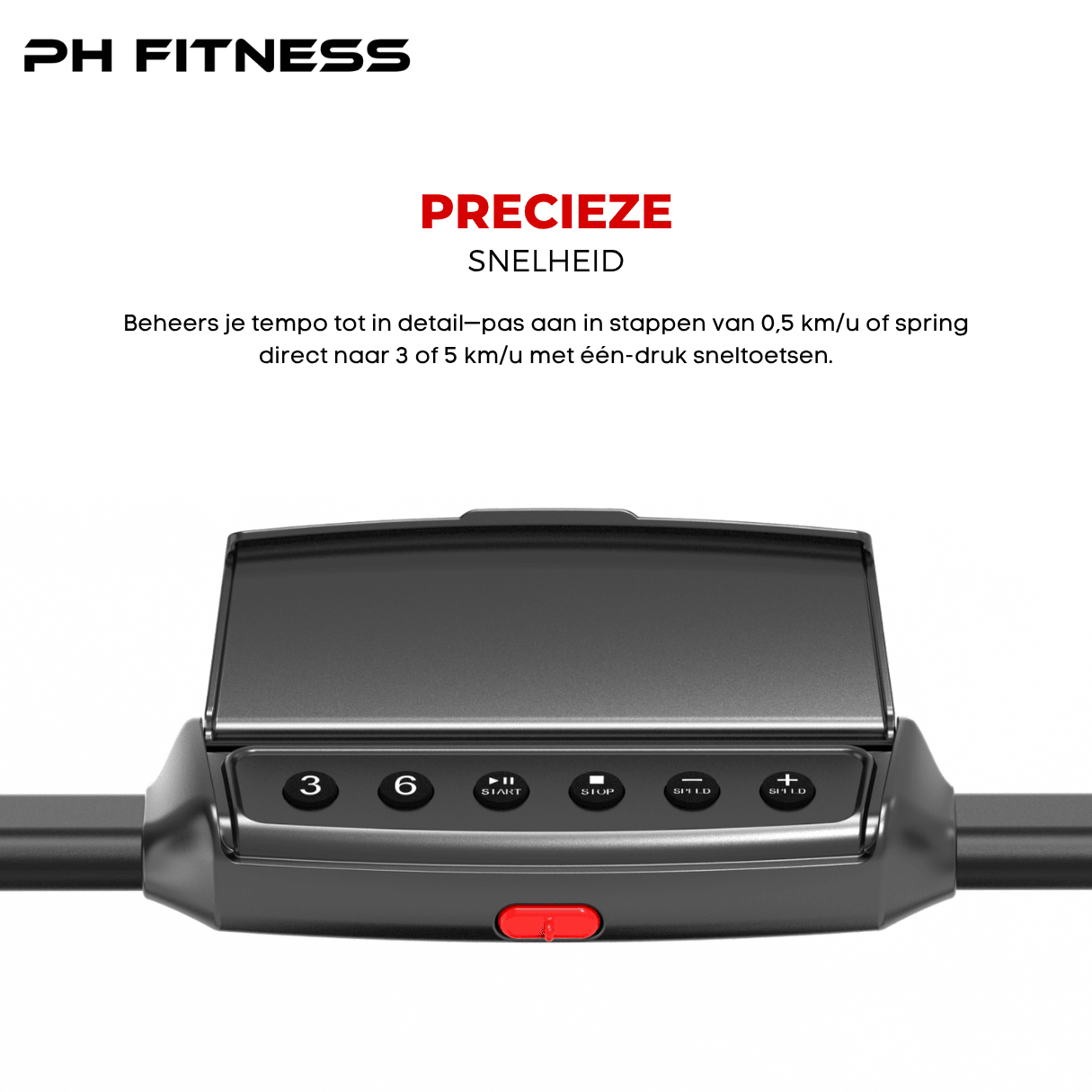 Close-up view of the PH Fitness LB-600 treadmill console featuring precise speed control buttons for 3 km/h and 5 km/h, with a red safety stop button, ideal for home workouts.