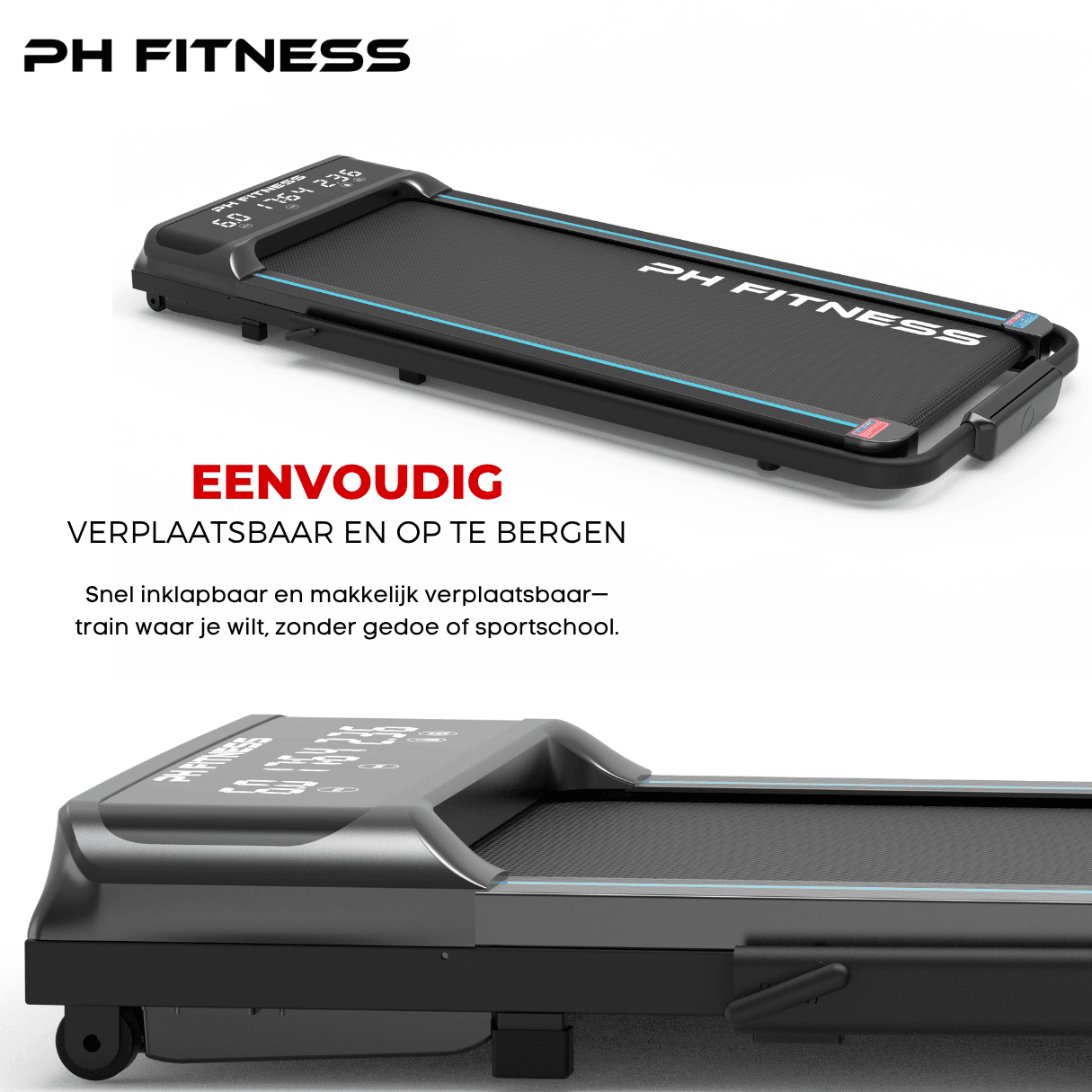 PH Fitness LB-600 treadmill in folded position, showcasing easy storage and portability with transport wheels, perfect for small home spaces.