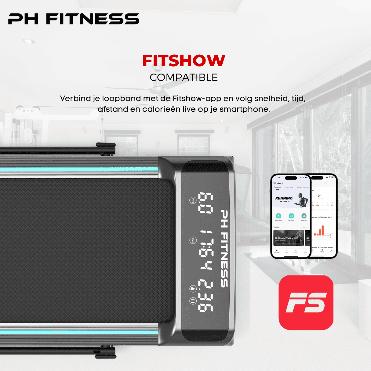 PH Fitness LB-600 treadmill with FitShow app compatibility, displaying speed, time, and calories on the console, ideal for tracking workouts via smartphone at home.