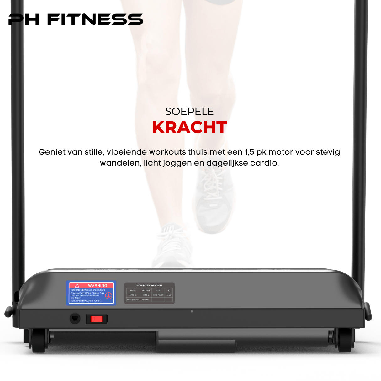 Rear view of the PH Fitness LB-600 treadmill highlighting its smooth 1.5 HP motor power, with a warning label, designed for stable walking and jogging at home.