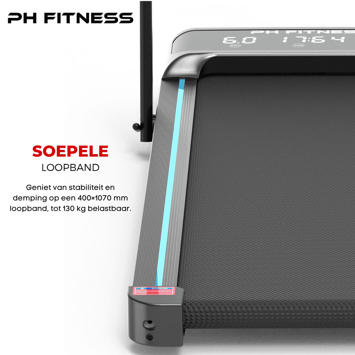 Close-up of the PH Fitness LB-600 treadmill smooth running belt (400x1070 mm), offering stability and cushioning for up to 130 kg, ideal for home fitness.