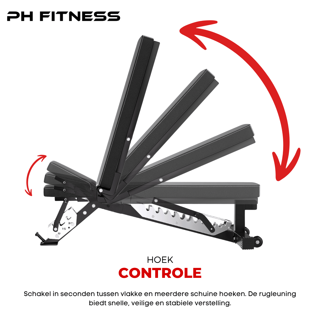 PH Fitness multi-angle adjustable weight bench press seat with quick-lock ladder system for flat, incline, and decline positions, perfect for dumbbell and barbell training.