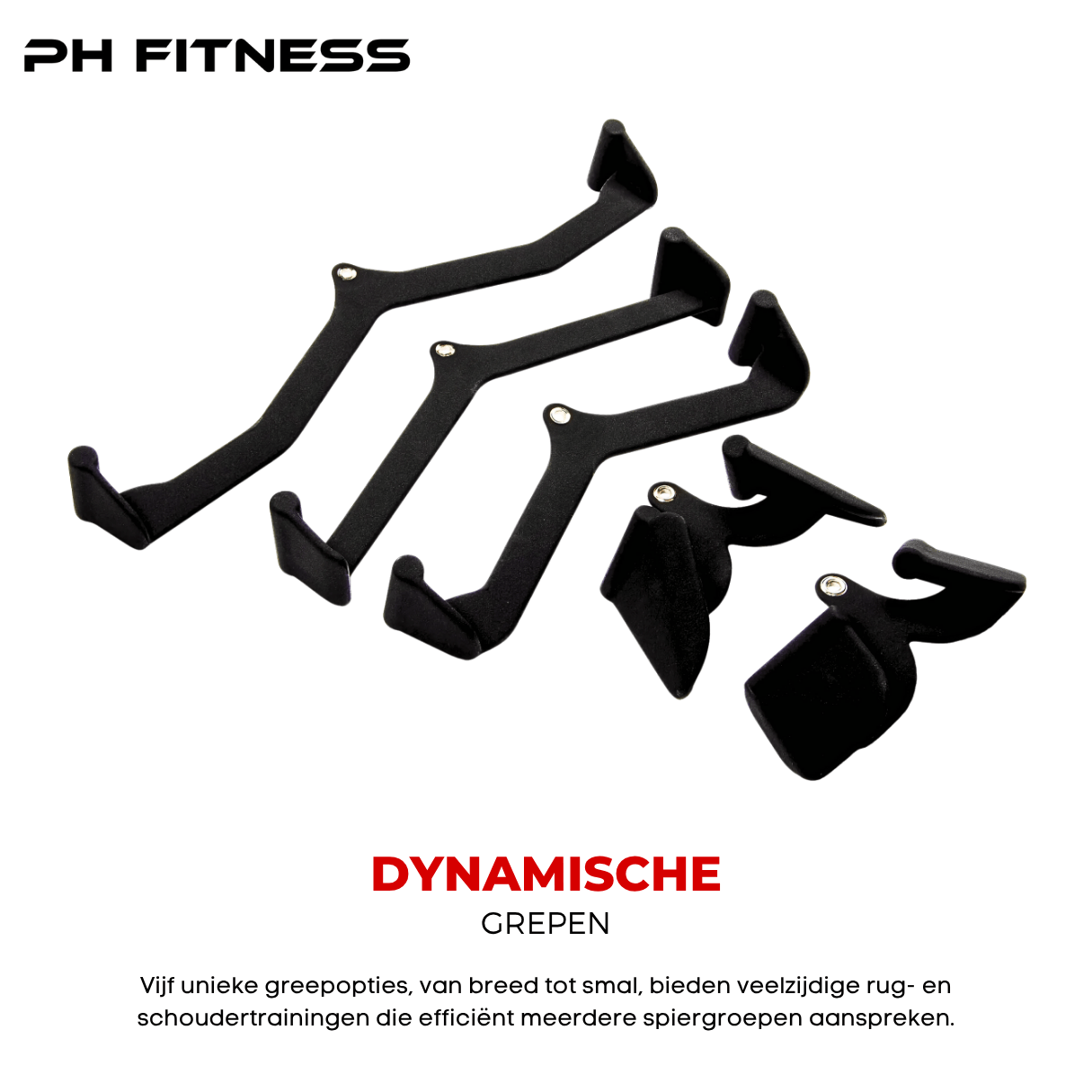 PH Fitness full multi-grip attachment set with 5 pulldown and row bars for complete upper body cable workouts.