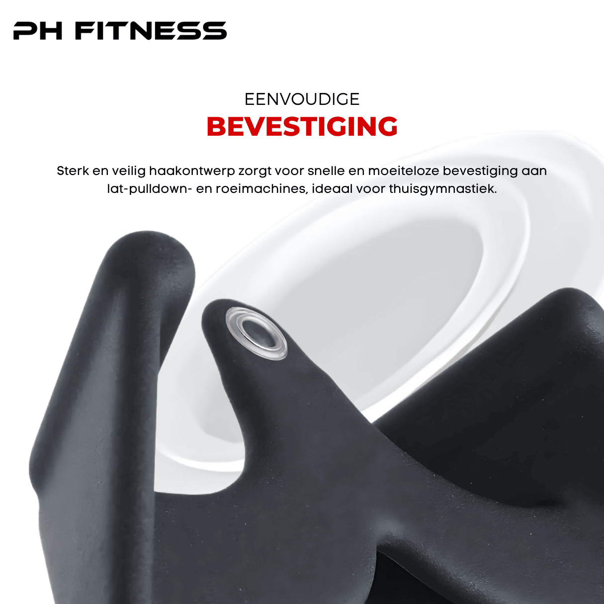 PH Fitness grip attachment with close-up of hook design for fast and secure connection to gym cable machines.