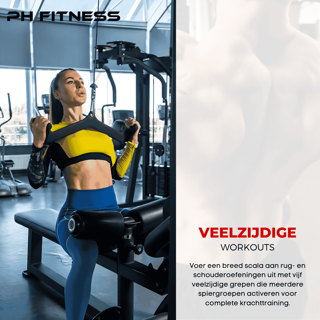 Performing back workout with PH Fitness multi-grip cable attachments, demonstrating ergonomic and versatile design.