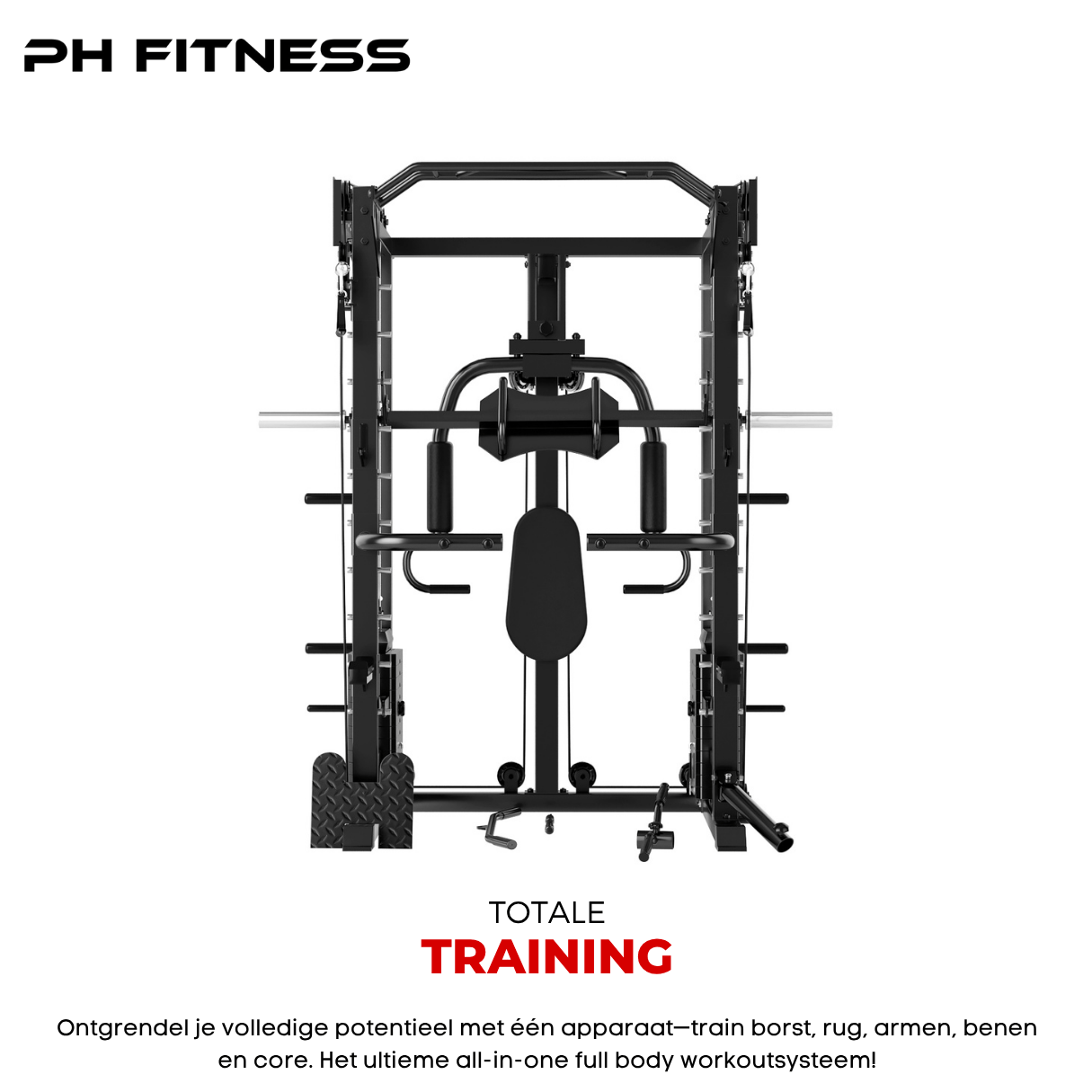 PH Fitness total-body workout system with multi-station design for chest, shoulders, legs, arms, and back exercises.