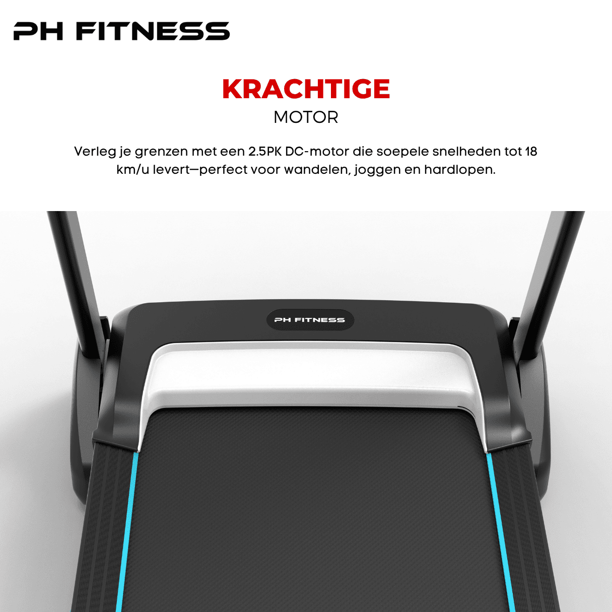 PH Fitness PRO-190 treadmill with 2.5 PK DC motor – supports up to 18 km/h for walking, jogging, and running
