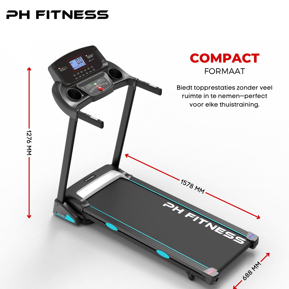 PH Fitness PRO-190 compact treadmill with dimensions 1578 × 689 × 1279 mm – perfect for small home spaces