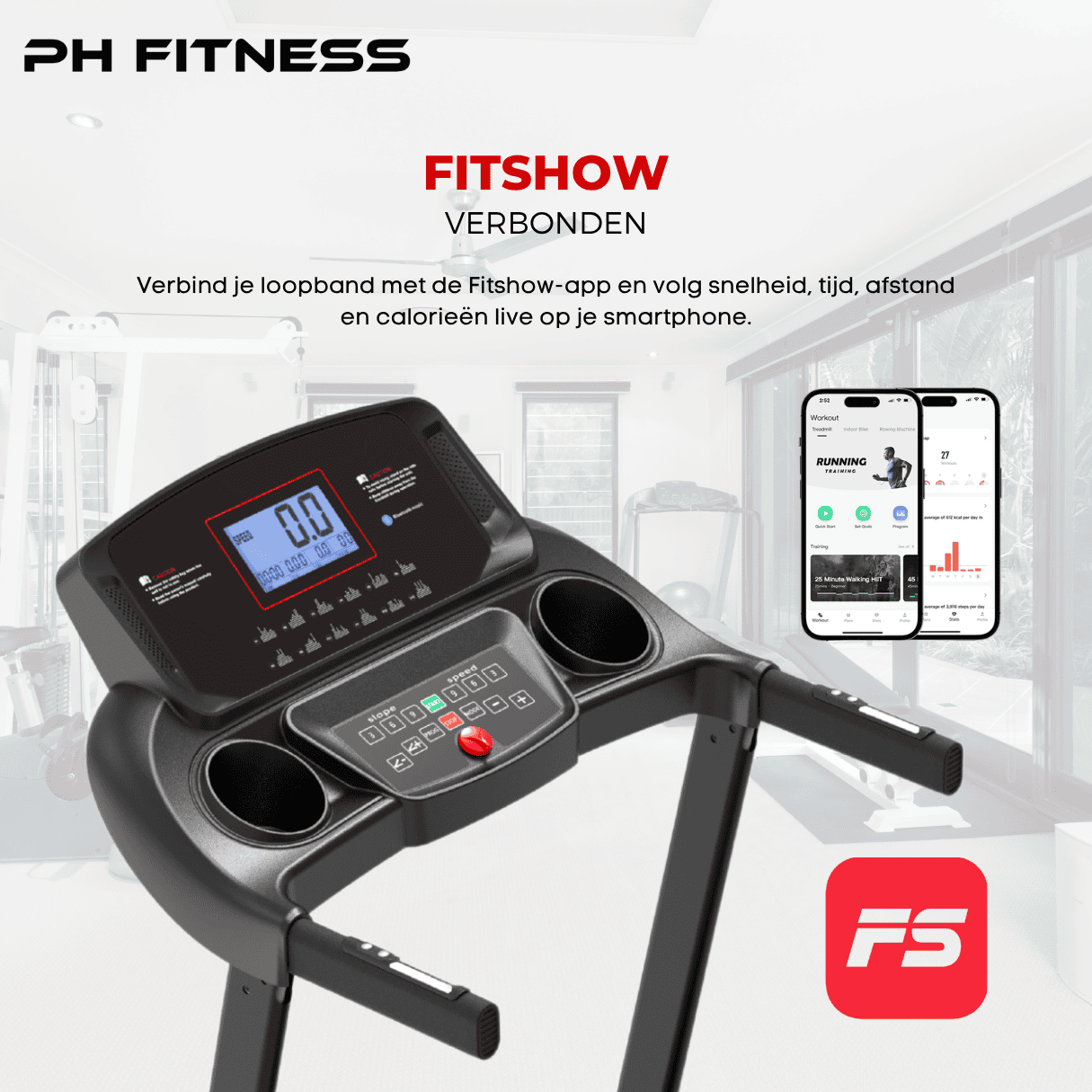 PH Fitness PRO-190 treadmill connected to FitShow app – live tracking of speed, distance, time, and calories on your smartphone